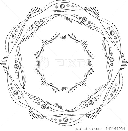Monochrome mandala of abstract wavy lines. Black white illustration in zentangle style. Randomly black circles and lines on transparent background. Unusual round design element 141164934