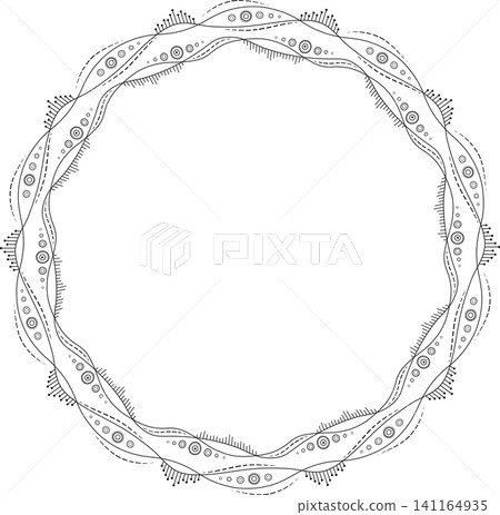 Monochrome round frame of abstract wavy lines. Black white illustration in zentangle style. Randomly black circles and lines on transparent background. Unusual round design element 141164935