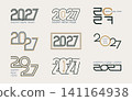 Retro 2027 New Year typography logo set with outline numbers, route lines, badges and elegant color accents. Vector collection for cards, posters, banners and holiday branding. 141164938