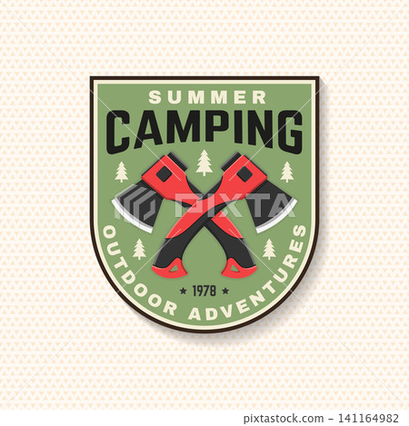Vintage Summer Camping Sticker Vector Badge. Outdoor Adventure Emblem with Crossed Axes and Forest Illustration Vintage Summer Camping Sticker Vector Badge. Outdoor Adventure Emblem with Crossed Axes and Forest Illustration 141164982