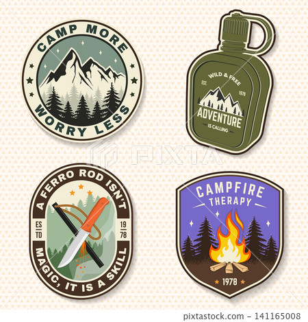 Vintage Outdoor Adventure Sticker Collection. Camping Vector Badge Set with Campfire, Flask, Ferro Rod and Mountain Designs Vintage Outdoor Adventure Sticker Collection. Camping Vector Badge Set with Campfire, Flask, Ferro Rod and Mountain Designs 141165008