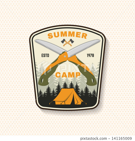 Vintage Summer Camp Sticker Vector Badge. Outdoor Adventure Camping Emblem with Folding Saw and Tent Illustration Vintage Summer Camp Sticker Vector Badge. Outdoor Adventure Camping Emblem with Folding Saw and Tent Illustration 141165009