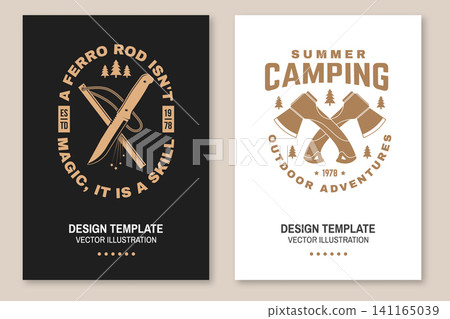 Vintage Survival Poster Set. Camping and Outdoor Adventure Vector Illustration with Ferro Rod and Axes Vintage Survival Poster Set. Camping and Outdoor Adventure Vector Illustration with Ferro Rod and Axes 141165039