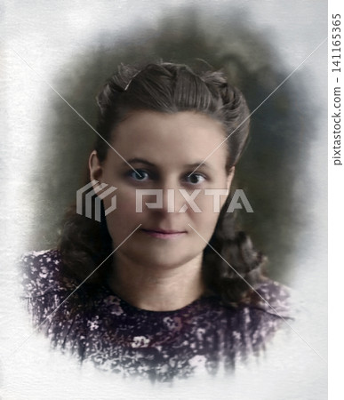 Young Soviet Woman in a Vintage Portrait in 1936 141165365