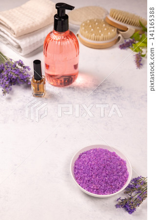 Spa treatment products with lavender promoting wellness and relaxation Spa treatment products with lavender promoting wellness and relaxation 141165388
