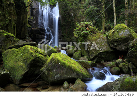 A waterfall flowing between moss-covered rocks A waterfall flowing between moss-covered rocks 141165489