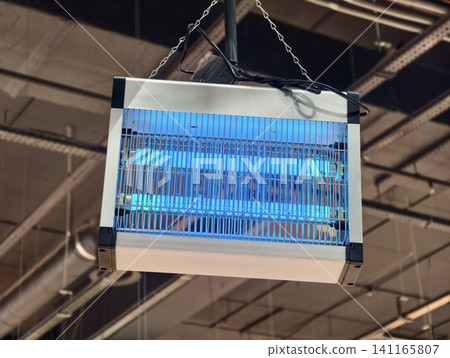 Electric ultraviolet insect killer with UV lamp trap for flies mosquitoes and midges is displayed in store. Bug zapper lantern is installed in supermarket for electronic mosquito control Electric ultraviolet insect killer with UV lamp trap for flies mosquitoes and midges is displayed in store. Bug zapper lantern is installed in supermarket for electronic mosquito control 141165807
