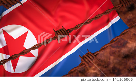 North Korean Flag Behind Rusty Barbed Wire Barrier 3d render. North Korean Flag Behind Rusty Barbed Wire Barrier 3d render. 141166006