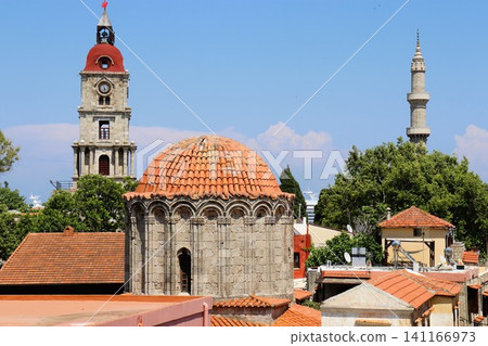 Clock tower and minaret, old town, Rhodes, Aegean Sea, World Heritage Site, Greece, Europe 141166973