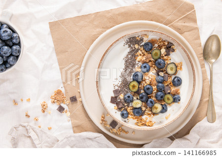 Nutritious yogurt bowl with fresh blueberries granola and chia seeds served in a rustic ceramic dish for a delicious morning breakfast meal Nutritious yogurt bowl with fresh blueberries granola and chia seeds served in a rustic ceramic dish for a delicious morning breakfast meal 141166985