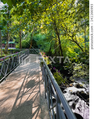A scenic walkway crossing a tranquil stream surrounded by lush green trees and flowers at Passadicos do Uima in Pigeiros, Santa Maria da Feira Portugal A scenic walkway crossing a tranquil stream surrounded by lush green trees and flowers at Passadicos do Uima in Pigeiros, Santa Maria da Feira Portugal 141166993