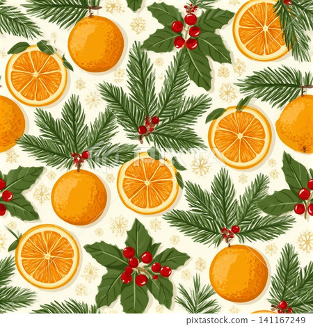 Seamless vector pattern of Christmas decorations, fir branches, oranges, holly berries, snowflakes on a white background. Decorative New Year pattern for holiday packaging, wrapping paper, textiles. Seamless vector pattern of Christmas decorations, fir branches, oranges, holly berries, snowflakes on a white background. Decorative New Year pattern for holiday packaging, wrapping paper, textiles. 141167249