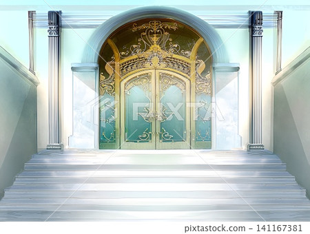 Game background: Mysteriously decorated doors, marble staircase and columns. Game background: Mysteriously decorated doors, marble staircase and columns. 141167381