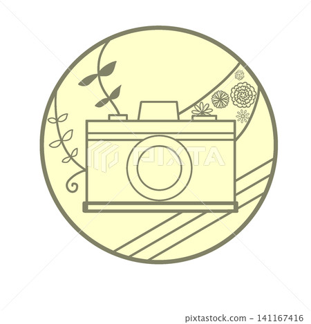 Circular logo-style illustration of a camera and a plant (yellow) Circular logo-style illustration of a camera and a plant (yellow) 141167416