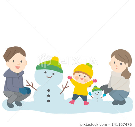 一個雪人和一家人面帶笑容 一個雪人和一家人面帶笑容 141167476