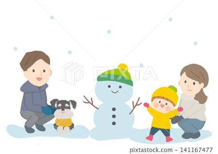 Family and their beloved dog standing next to a snowman Family and their beloved dog standing next to a snowman 141167477