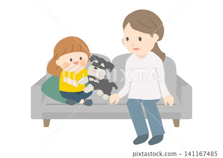 A mother watches over her child spending time with their dog. A mother watches over her child spending time with their dog. 141167485