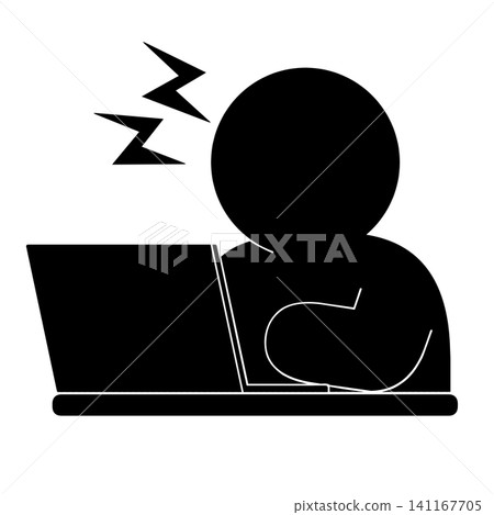 A simple pictogram (at an angle) of a person looking frustrated in front of a laptop. 141167705