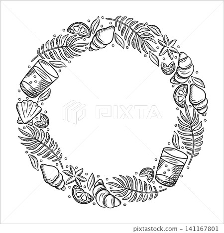 A hand-drawn summer round frame for postcards, invitations, travel, tourism, and advertising. Coconut, sea, beach, and drinks A hand-drawn summer round frame for postcards, invitations, travel, tourism, and advertising. Coconut, sea, beach, and drinks 141167801