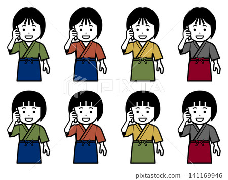 [Different color] Icon of a woman in a samue (traditional Japanese work clothing) and apron making a phone call on her smartphone. 141169946