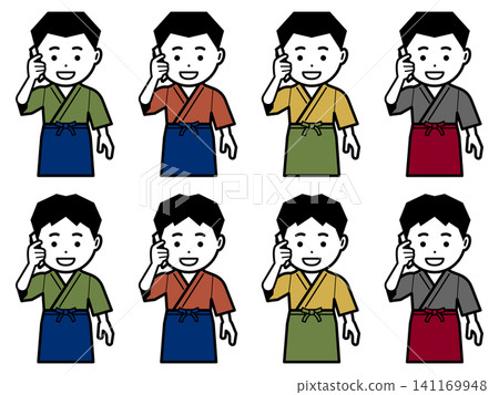 [Different color] Icon of a man in a samue (traditional Japanese work clothes) and apron making a phone call on his smartphone. 141169948