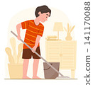 Happy Kid Boy Mopping Floor of Living Room for Cleaning House and Daily Routine Chore Lifestyle Concept Illustration Clip Art 141170088