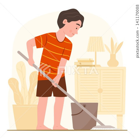 Happy Kid Boy Mopping Floor of Living Room for Cleaning House and Daily Routine Chore Lifestyle Concept Illustration Clip Art Happy Kid Boy Mopping Floor of Living Room for Cleaning House and Daily Routine Chore Lifestyle Concept Illustration Clip Art 141170088