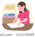 Young Kid Girl Folding the Clothes for Daily Chore Routine Lifestyle Concept Illustration Clip Art 141170089