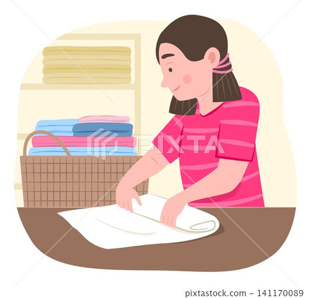 Young Kid Girl Folding the Clothes for Daily Chore Routine Lifestyle Concept Illustration Clip Art 141170089