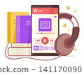 Online Audio Book Application on Smartphone Connected with Headphones for Online Education, E-Learning and Podcast Concept Illustration 141170090
