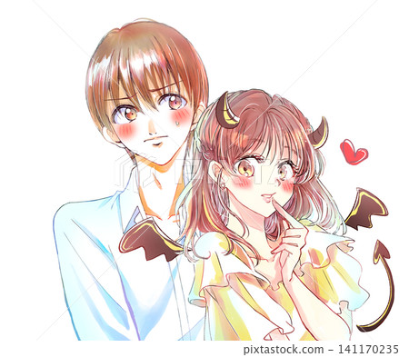 A woman snuggling up to a man who blushes - a little devil A woman snuggling up to a man who blushes - a little devil 141170235