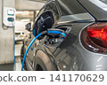 Electric car charging at a public station in the Netherlands for sustainable urban transport 141170629