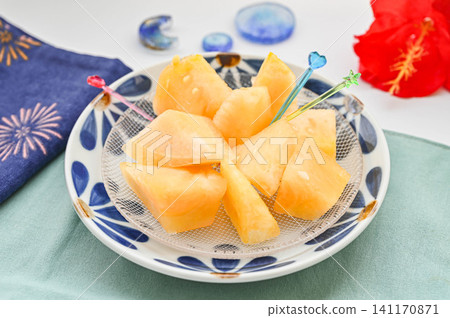 "Golden Overlord," a sliced yellow watermelon. "Golden Overlord," a sliced yellow watermelon. 141170871