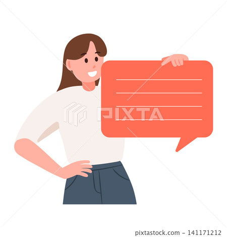 Female Character Holding Large Speech Bubble Female Character Holding Large Speech Bubble 141171212