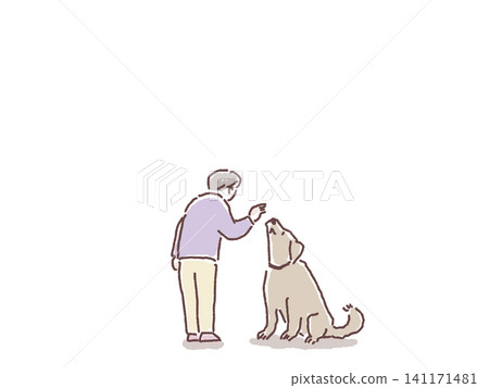 老婦人與大狗交流的插圖。 老婦人與大狗交流的插圖。 141171481