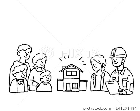 An illustration and line drawing of a family discussing home renovations and building a two-family home with a housing company staff member. An illustration and line drawing of a family discussing home renovations and building a two-family home with a housing company staff member. 141171484