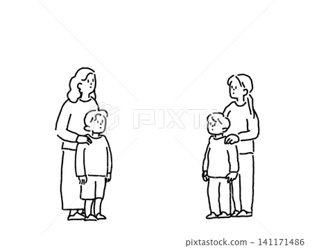 Illustrations of two parent-child pairs: mother, boy, line art. Illustrations of two parent-child pairs: mother, boy, line art. 141171486