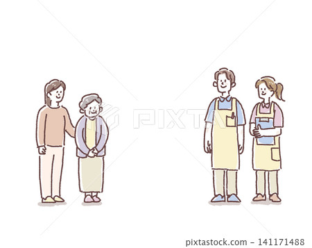 Illustrations of elderly people, their families, and caregivers/helpers. 141171488