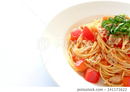 Tuna and tomato pasta on a white background Tuna and tomato pasta on a white background 141171622
