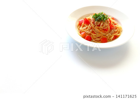 Tuna and tomato pasta on a white background Tuna and tomato pasta on a white background 141171625