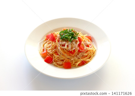 Tuna and tomato pasta on a white background Tuna and tomato pasta on a white background 141171626