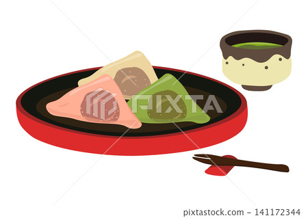 A set of three-colored nama-yatsuhashi (soft mochi rice cakes) and matcha green tea. A set of three-colored nama-yatsuhashi (soft mochi rice cakes) and matcha green tea. 141172344