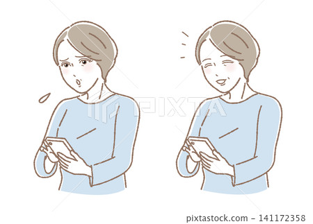 A set of photos showing middle-aged women using smartphones, with both a troubled and a smiling expression. A set of photos showing middle-aged women using smartphones, with both a troubled and a smiling expression. 141172358