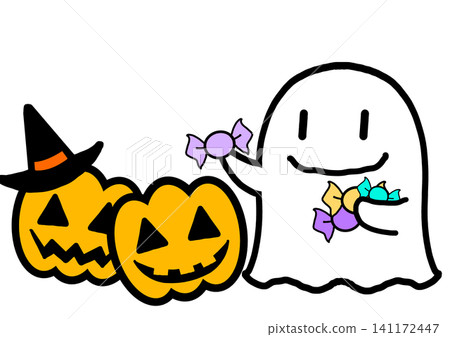 An illustration of a cute Halloween ghost giving candy to a jack-o'-lantern. An illustration of a cute Halloween ghost giving candy to a jack-o'-lantern. 141172447