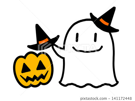 An illustration of a cute Halloween ghost trying to put a hat on a jack-o'-lantern. An illustration of a cute Halloween ghost trying to put a hat on a jack-o'-lantern. 141172448