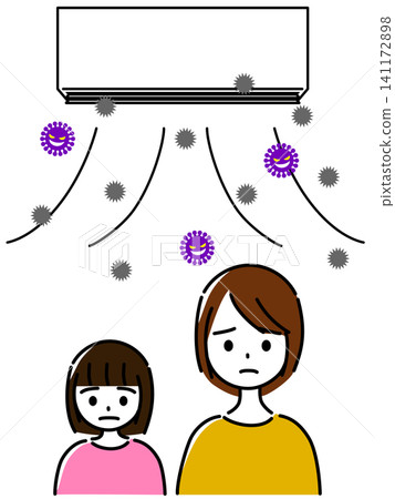 A woman and a girl are troubled by dirt and mold blowing out of their air conditioner. A woman and a girl are troubled by dirt and mold blowing out of their air conditioner. 141172898