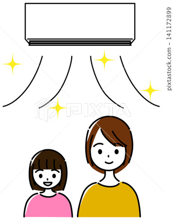 一位微笑的女士和一個女孩在一間裝有空調的房間裡，空調吹出的空氣清新宜人。 141172899