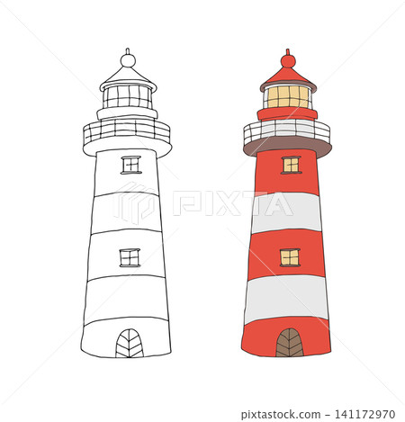 Lighthouse Vector graphic illustration doodle isolated on white background. Nautical classic sea beacon building icon for marine travel, navigation, safety. Hand drawn Flat design minimalist element Lighthouse Vector graphic illustration doodle isolated on white background. Nautical classic sea beacon building icon for marine travel, navigation, safety. Hand drawn Flat design minimalist element 141172970