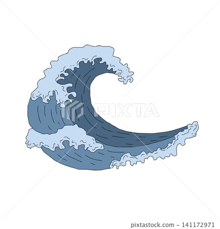 Ocean wave curling in sea Vector graphic illustration. Hand drawn Dynamic marine blue water splashes, foam, surf. Sea wave design element with foam swirls. Isolated sign of surfing, movement Ocean wave curling in sea Vector graphic illustration. Hand drawn Dynamic marine blue water splashes, foam, surf. Sea wave design element with foam swirls. Isolated sign of surfing, movement 141172971