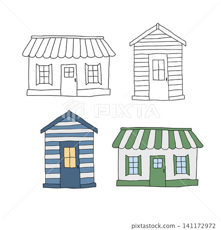 Coastal houses vector graphic illustration. Cozy seaside cottages set. Hand drawn Scandinavian style village buildings. Flat design doodle element Mediterranean architecture concept Coastal houses vector graphic illustration. Cozy seaside cottages set. Hand drawn Scandinavian style village buildings. Flat design doodle element Mediterranean architecture concept 141172972
